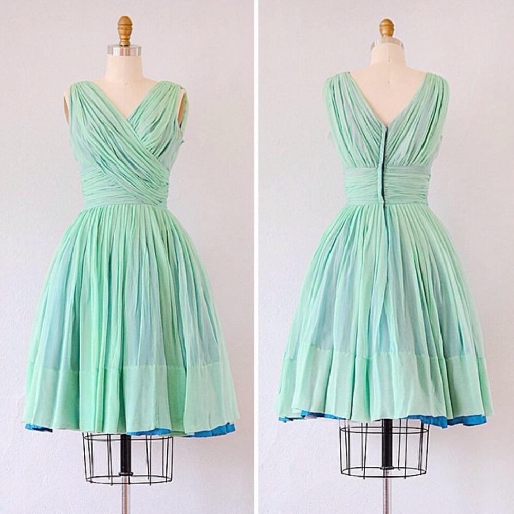 Vintage 50s 60s Silk Mint Green Party Dress